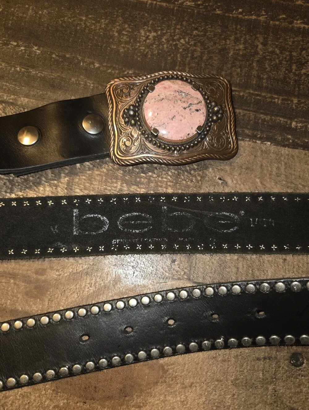 Vintage Y2K Genuine Leather Studded BEBE Belt Western Pink Rhodonite Buckle M/L